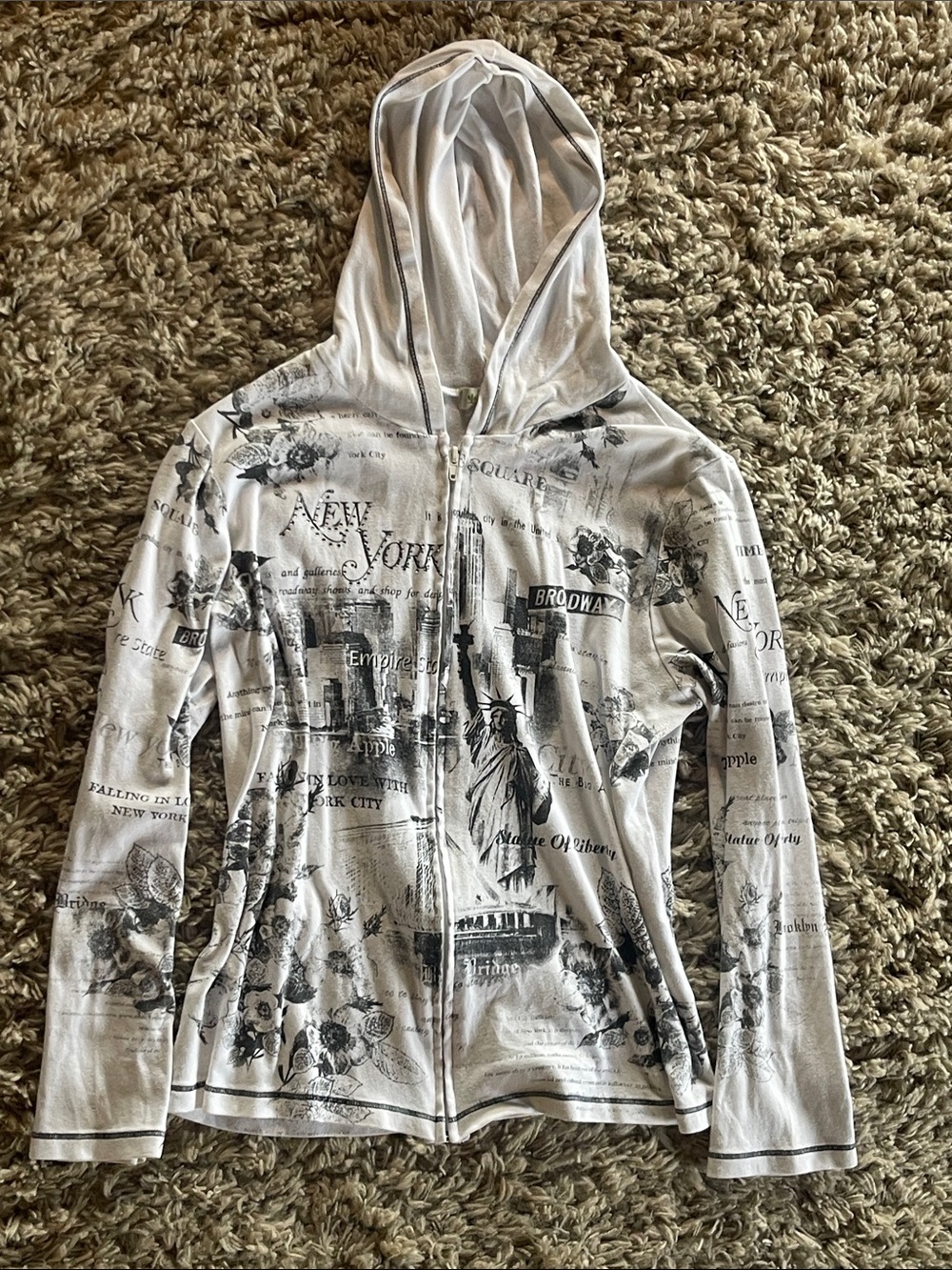 Cactus White and Black Printed Zip Hoodie Jacket with rhinestones